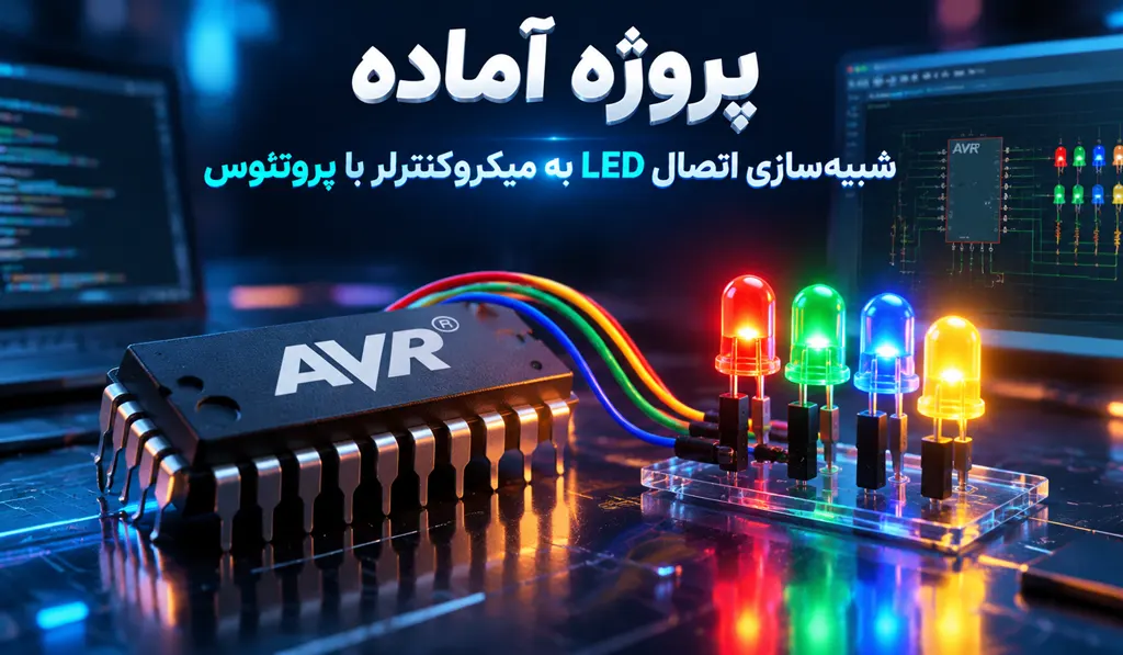 پروژه شبیه سازی اتصال LED به میکرو کنترلر با پروتئوس تصویر شاخص حاوی عنوان پروژه، آیکون پروتئوس و تصویر کلمه AVR می باشد.