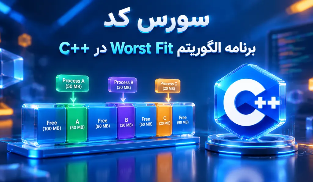 عکس شاخص الگوریتم Worst Fit در ++C سی پلاس پلاس، دارای تصاویری از لوگو Worst Fit و ++C است.