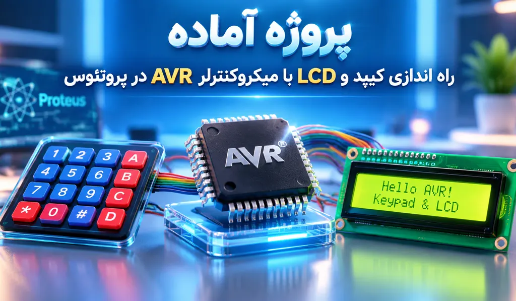 راه اندازی کیپد و LCD با میکرو کنترلر AVR در پروتئوس تصویر شاخص حاوی عنوان پروژه، آیکون پروتئوس و تصویر کلمه AVR می باشد.