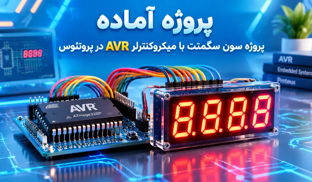 پروژه سون سگمنت با میکروکنترلر AVR در پروتئوس 7Segment تصویر شاخص حاوی عنوان پروژه، آیکون پروتئوس و تصویر کلمه AVR می باشد.