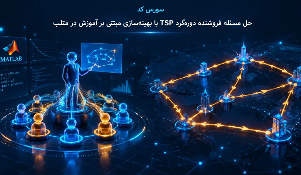حل مسئله TSP با الگوریتم TLBO | حل فروشنده دوره گرد با بهینه سازی مبتنی بر آموزش 13 حل مسئله TSP با الگوریتم TLBO تصویر شاخص حاوی عنوان سورس کد و تصویری از یک استاد در حال تدریس می باشد.