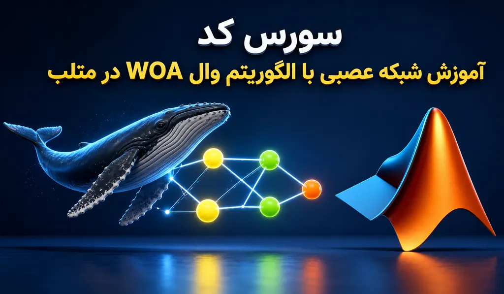 آموزش شبکه عصبی با الگوریتم وال WOA در متلب تصویر شاخص حاوی عنوان سورس کد و تصویر شبکه عصبی و یک نهنگ می باشد.