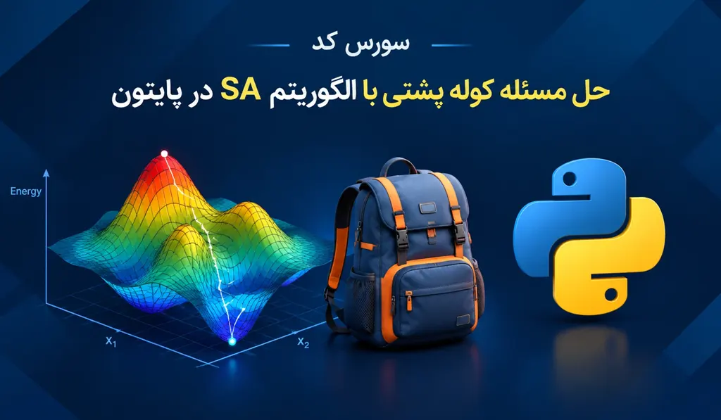 حل مسئله کوله پشتی با الگوریتم SA در پایتون 3 مسئله کوله پشتی با الگوریتم SA در پایتون تصویر شاخص حاوی عنوان سورس کد، آیکون پایتون و تصویری از کوله پشتی و نمودار سه بعدی می باشد.