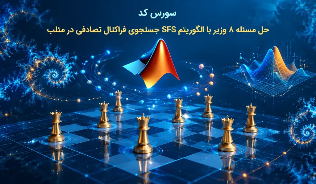 حل مسئله 8 وزیر با الگوریتم SFS جستجوی فراکتال تصادفی در متلب تصویر شاخص حاوی عنوان سورس کد، آیکون متلب و تصویری از جستجوی فراکتال تصادفی می باشد.
