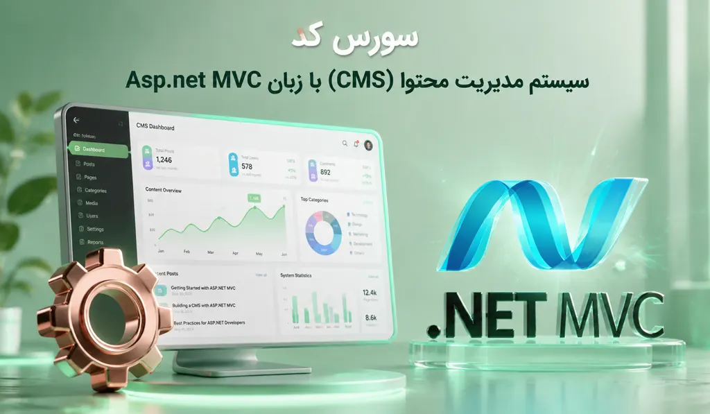 مدیریت محتوا (CMS) با زبان Asp.net MVC تصویری از یک کامپیوتر و لوگو MVC درج شده است.