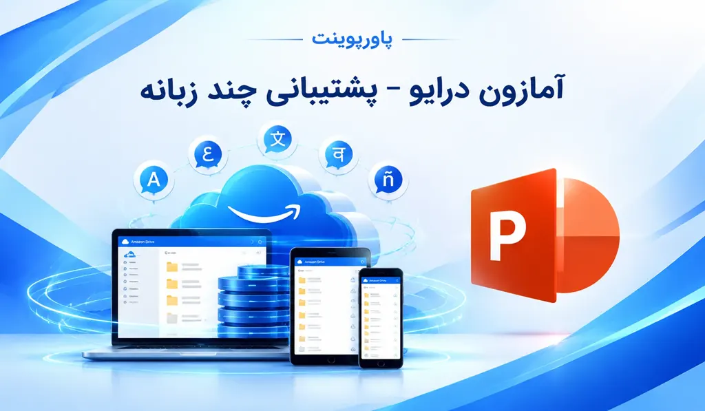 پاورپوینت آمازون درایو تصویر آیکون پاورپوینت و سایت آمازون روی مانیتور