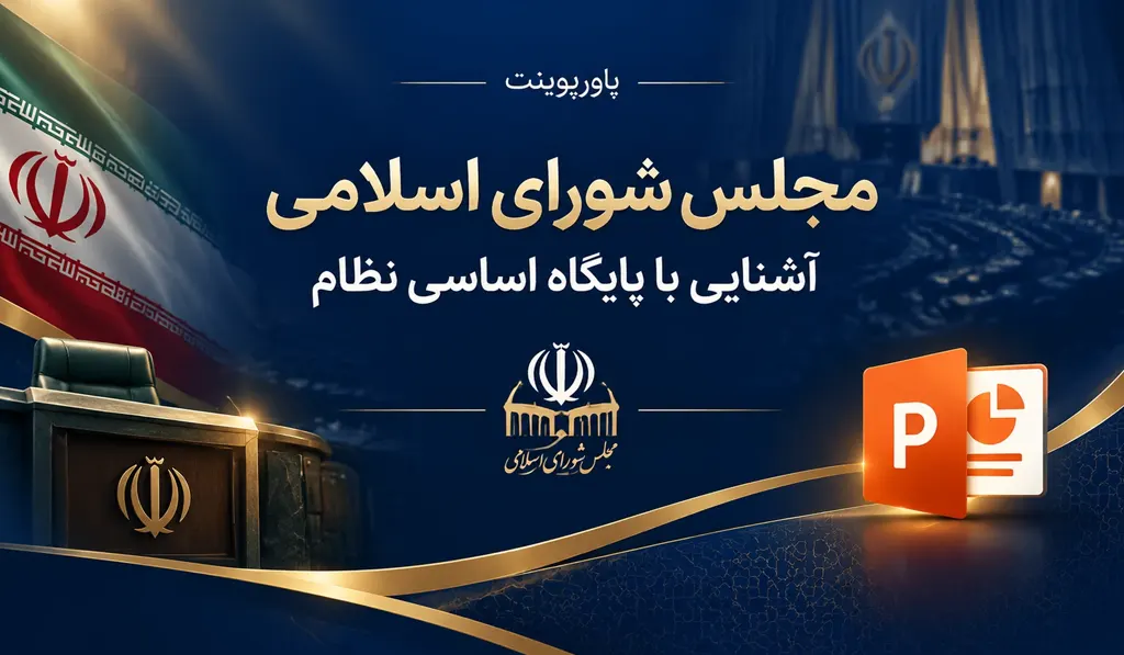 در تصویر شاخص پاورپوینت آماده مجلس شورای اسلامی؛ عنوان کامل اثر به همراه تصویری از پرچم ایران به صورت گرد و آیکون پاورپوینت آماده درج شده است.