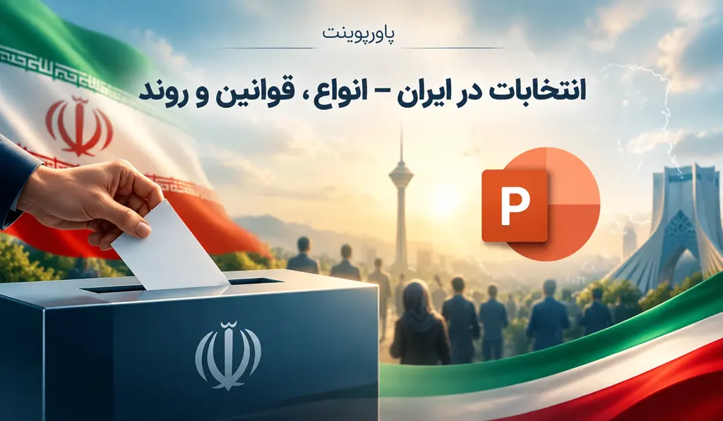 در عکس شاخص پاورپوینت آماده در مورد انتخابات در ایران، عنوان کامل اثر + تصویری از صندوق انتخاباتی و آیکون پاورپوینت آماده درج شده است.