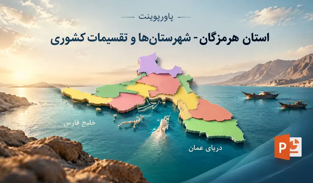 پاورپوینت آماده در مورد استان هرمزگان تصویر آیکون پاورپوینت و عنوانی با زبان فارسی و نقشه شهرهای این استان