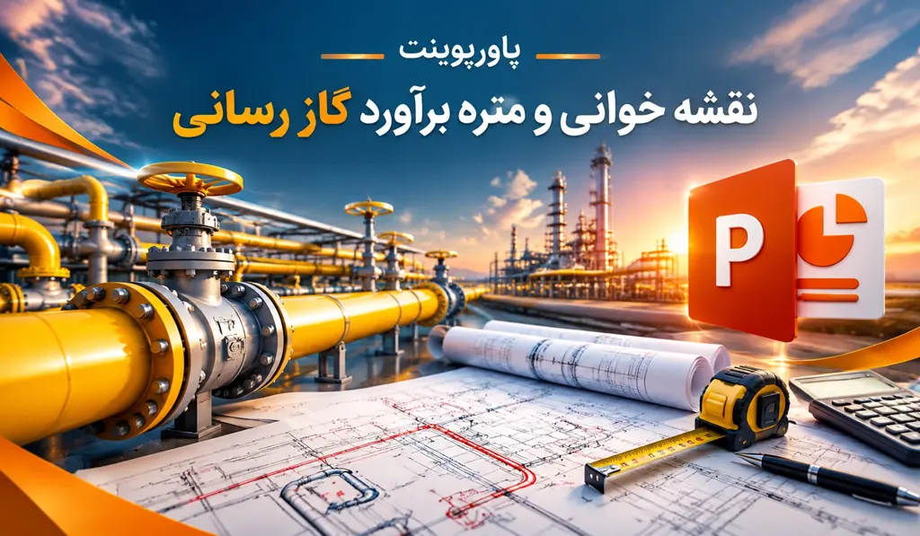پاورپوینت نقشه خوانی و متره برآورد گاز رسانی تصویر شاخص حاوی عنوان و آیکون پاورپوینت و تصویری از نقشه گازرسانی می باشد.